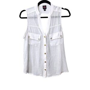 2B Bebe V Neck Sleeveless Crinkle Button Semi Sheer Cutout Back White Tank Top